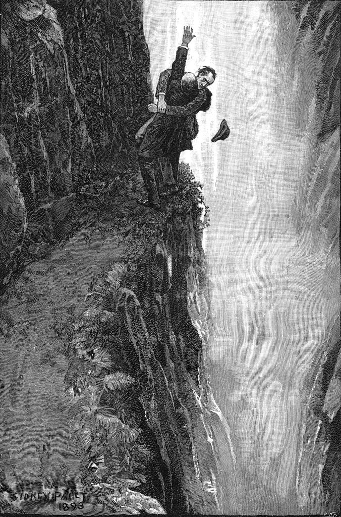 Holmes and Moriarty fighting over the Reichenbach Falls. Art by Sidney Paget.